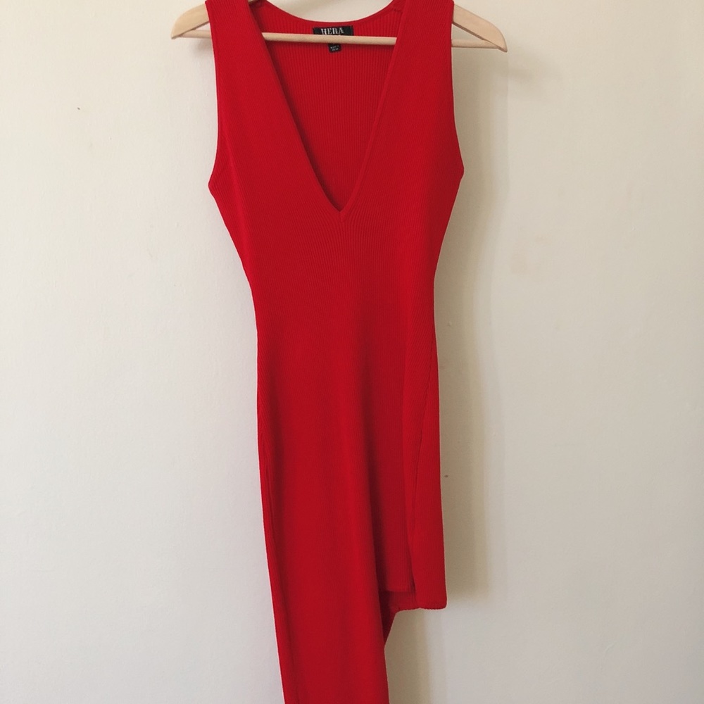 Red unbalance v-neck dress